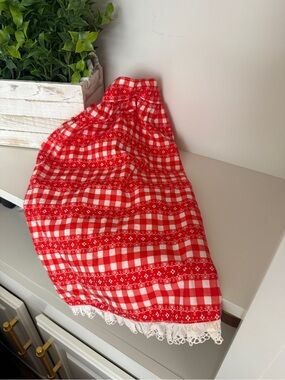 Vintage Red White Gingham Half Apron Eyelet Lace Cottage Farmhouse